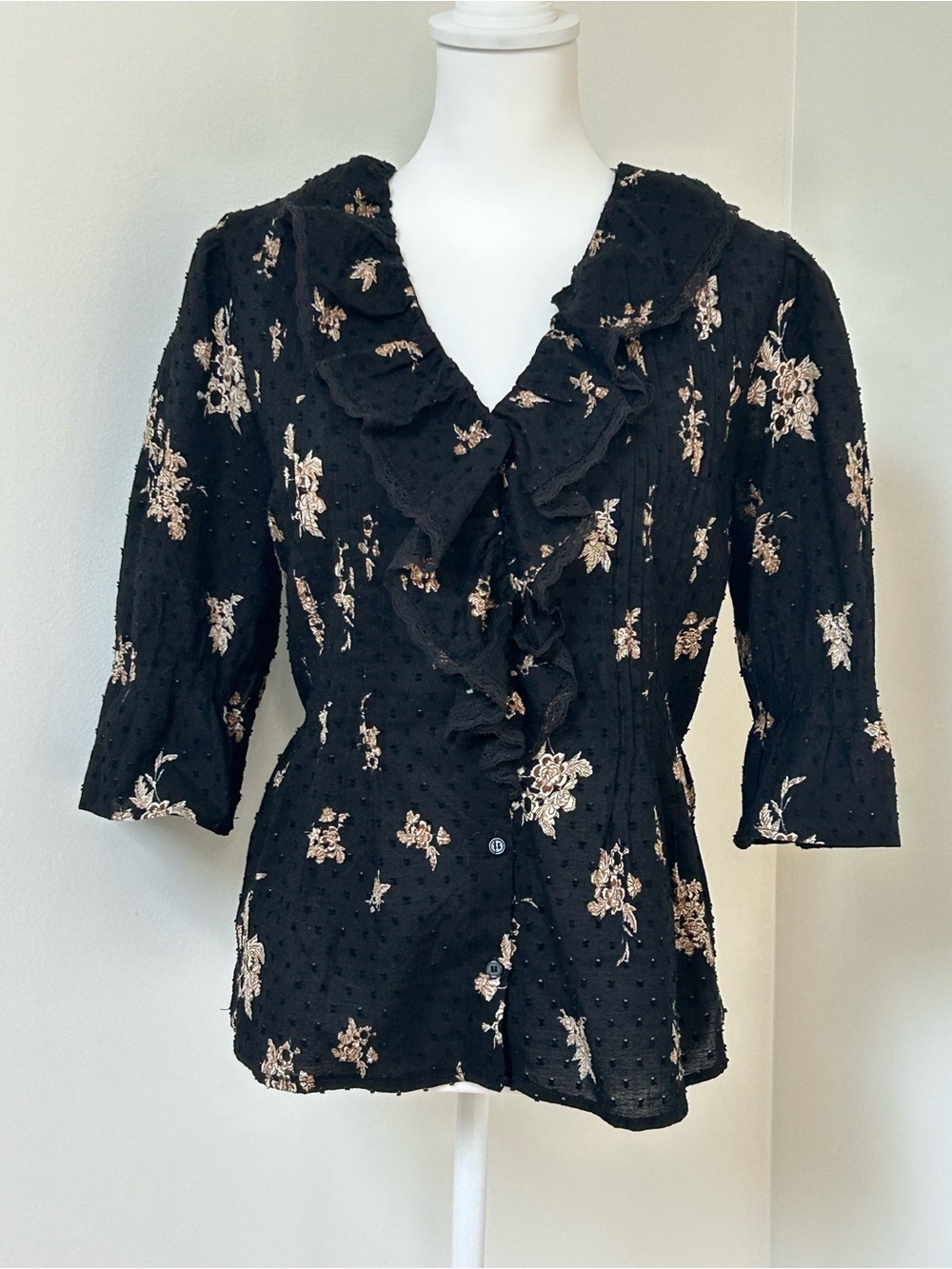 100% COTTON Black Block-Printed Ruffled Floral Button-Front Women's Top M